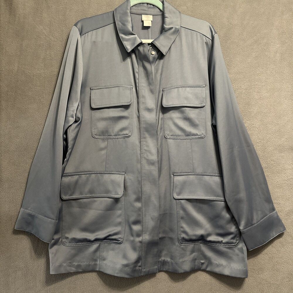 Chico's Satin Full Zip Chore Jacket Size 3 (XL 16/18) Slate Blue Pockets